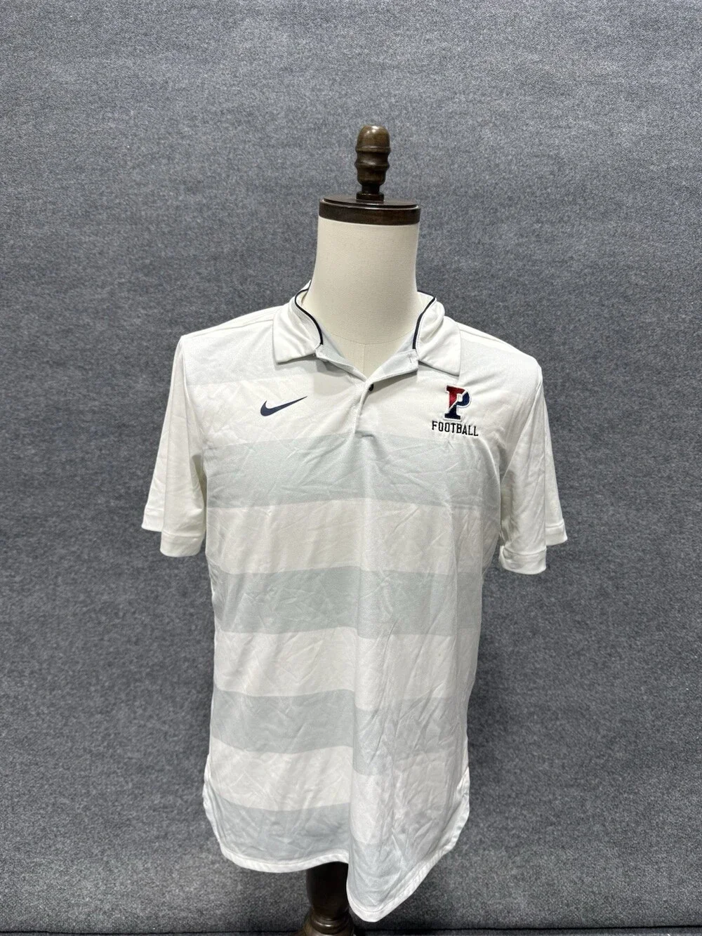 Nike Dri-FIT Penn Football Polo Shirt Mens Medium White Gray Striped Embroidered